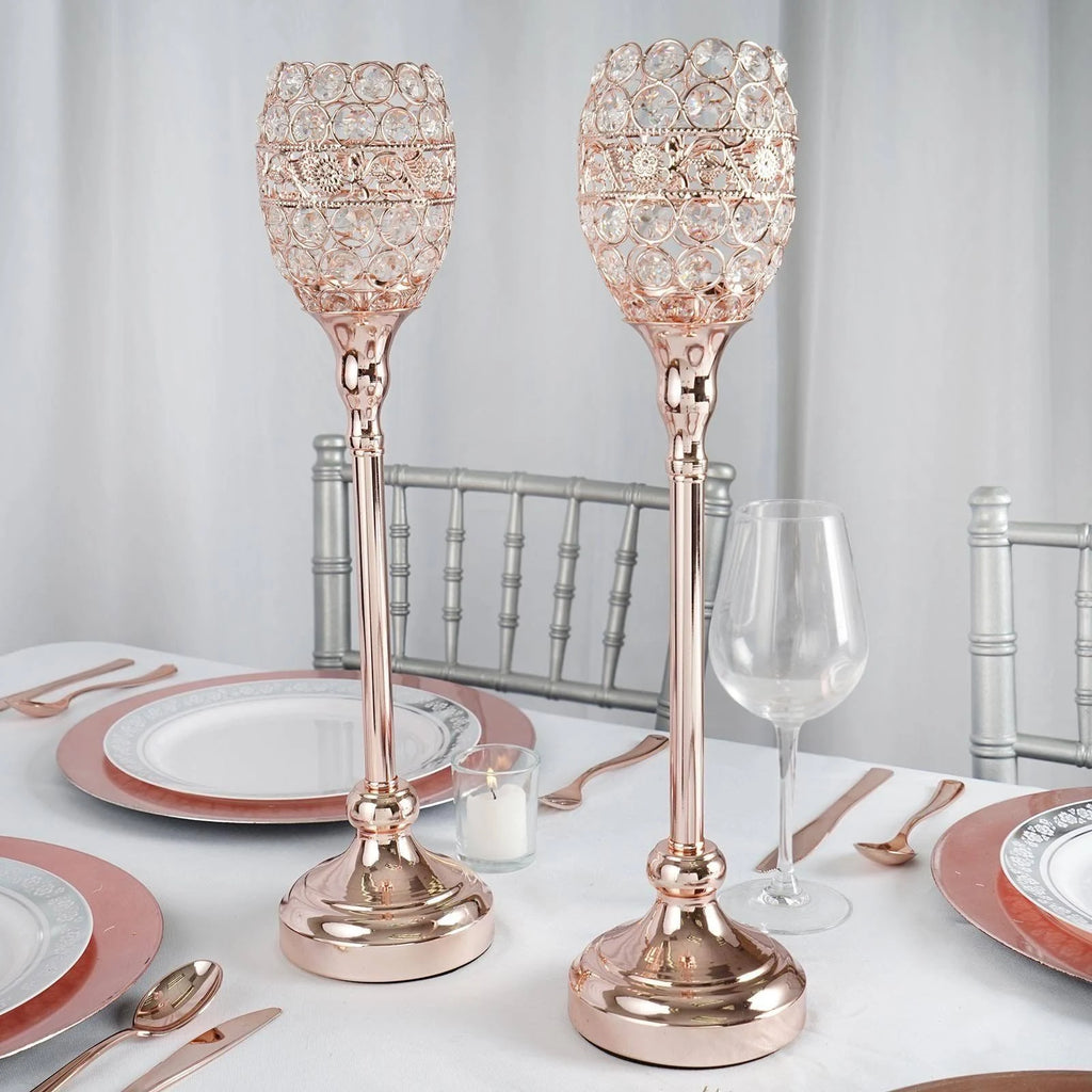 2 Rose Gold 18x22 Tall Faux Crystal Beaded Candle Holders X698