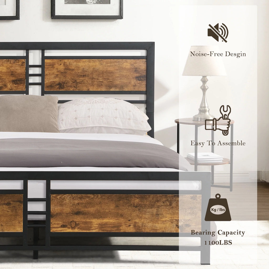 Black Full Size Wooden Headboard Metal Bed Frame W357