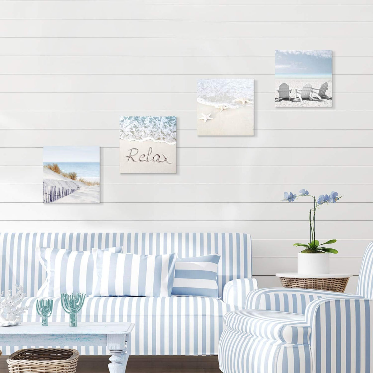 Beach Wall Art Starfish Chairs on Sand Canvas 12” x 12'' 4 Panels K37847