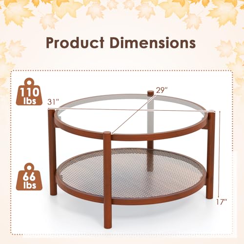 Rattan Round Glass Coffee Table with Storage Shelf X477709