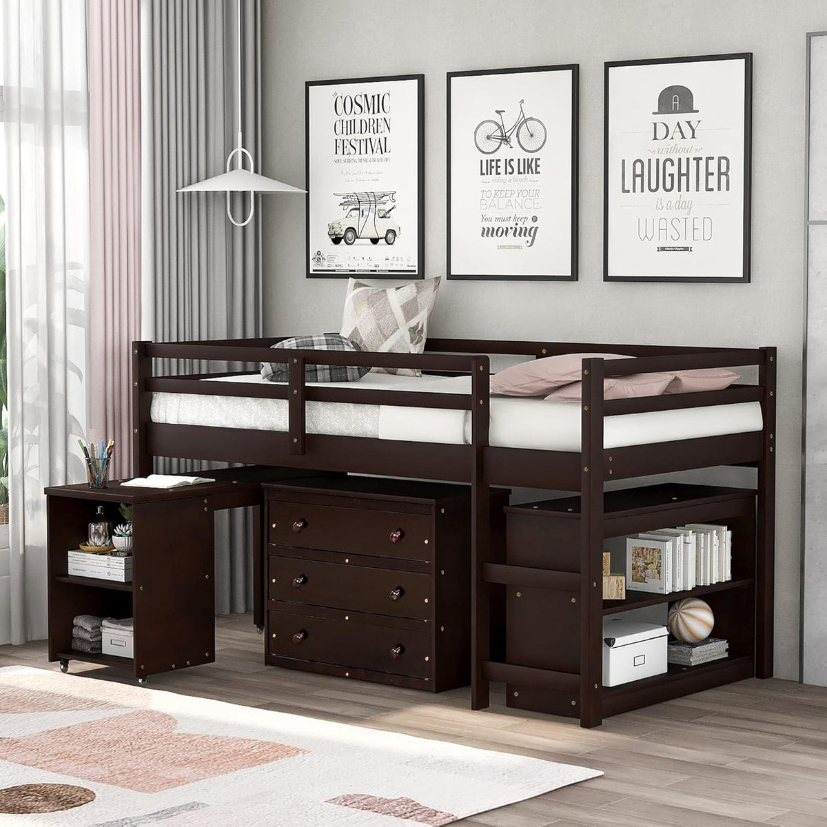 Espresso Wood Twin Loft Bed with Cabinet and Desk Z952