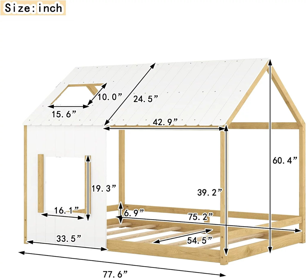 White Natural Full Size Wood House Bed with Roof and Window J267