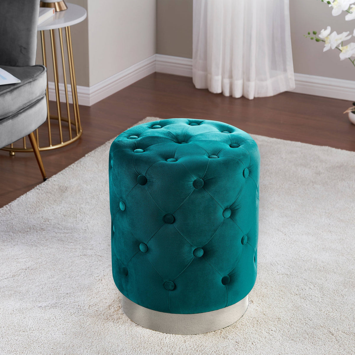 Teal Velvet Ottoman with Silver Metal Base C967172