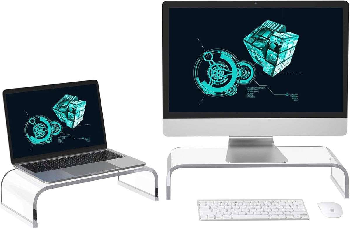 Acrylic Transparent Corner Computer Monitor Stand Riser 2 Pack 20” and 15” DIY Desktop Stand Riser Organizer with Anti-Slip Case C448