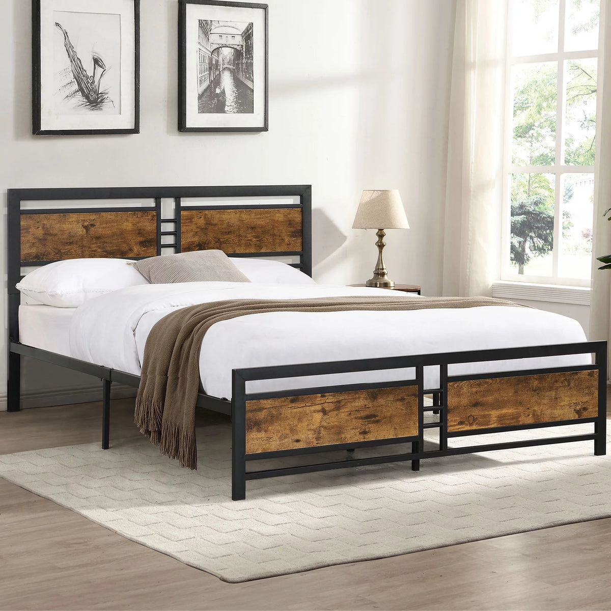 Black Full Size Wooden Headboard Metal Bed Frame W357