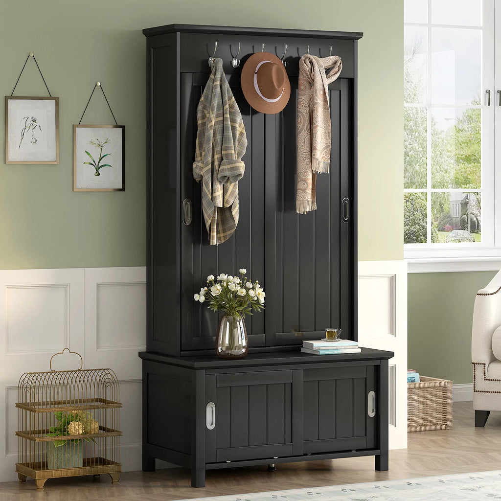 Black Wooden Hall Tree with Bench and Shoe Storage D608