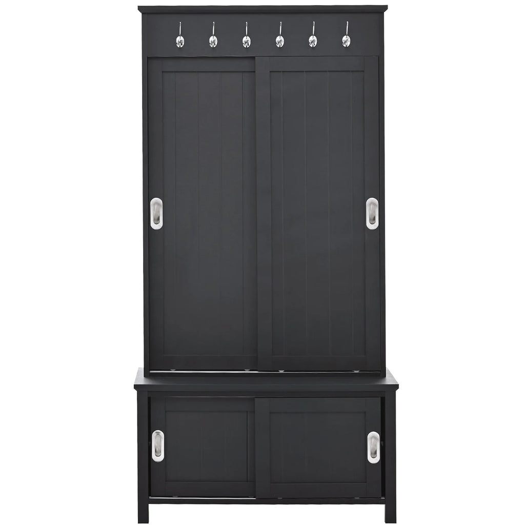 Black Wooden Hall Tree with Bench and Shoe Storage D608