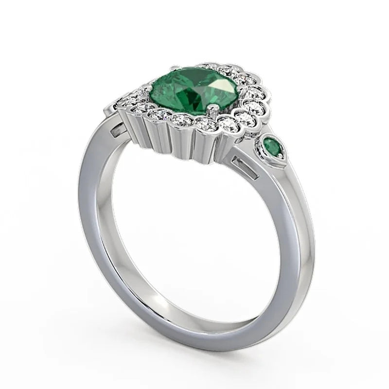 14K White Gold Floral Halo Round Cut Emerald Real Diamond Ring Size 7.5 P330