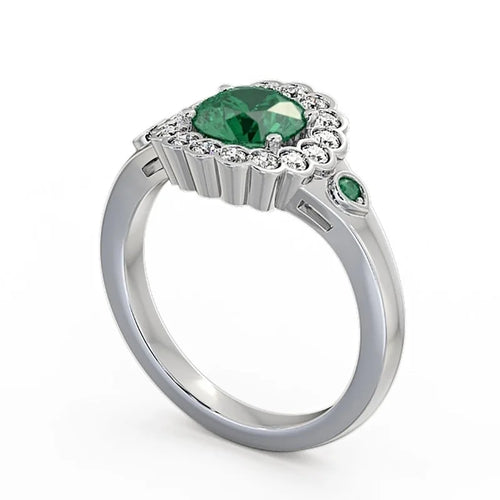14K White Gold Floral Halo Round Cut Emerald Real Diamond Ring Size 7.5 P330