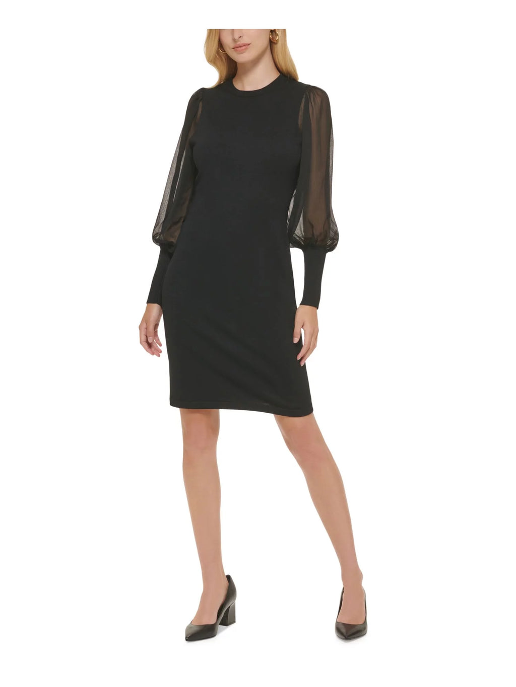 Black Ribbed Sheer Crew Neck Knee Length Sheath Dress Y843078