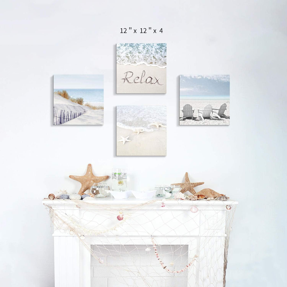 Beach Wall Art Starfish Chairs on Sand Canvas 12” x 12'' 4 Panels K37847
