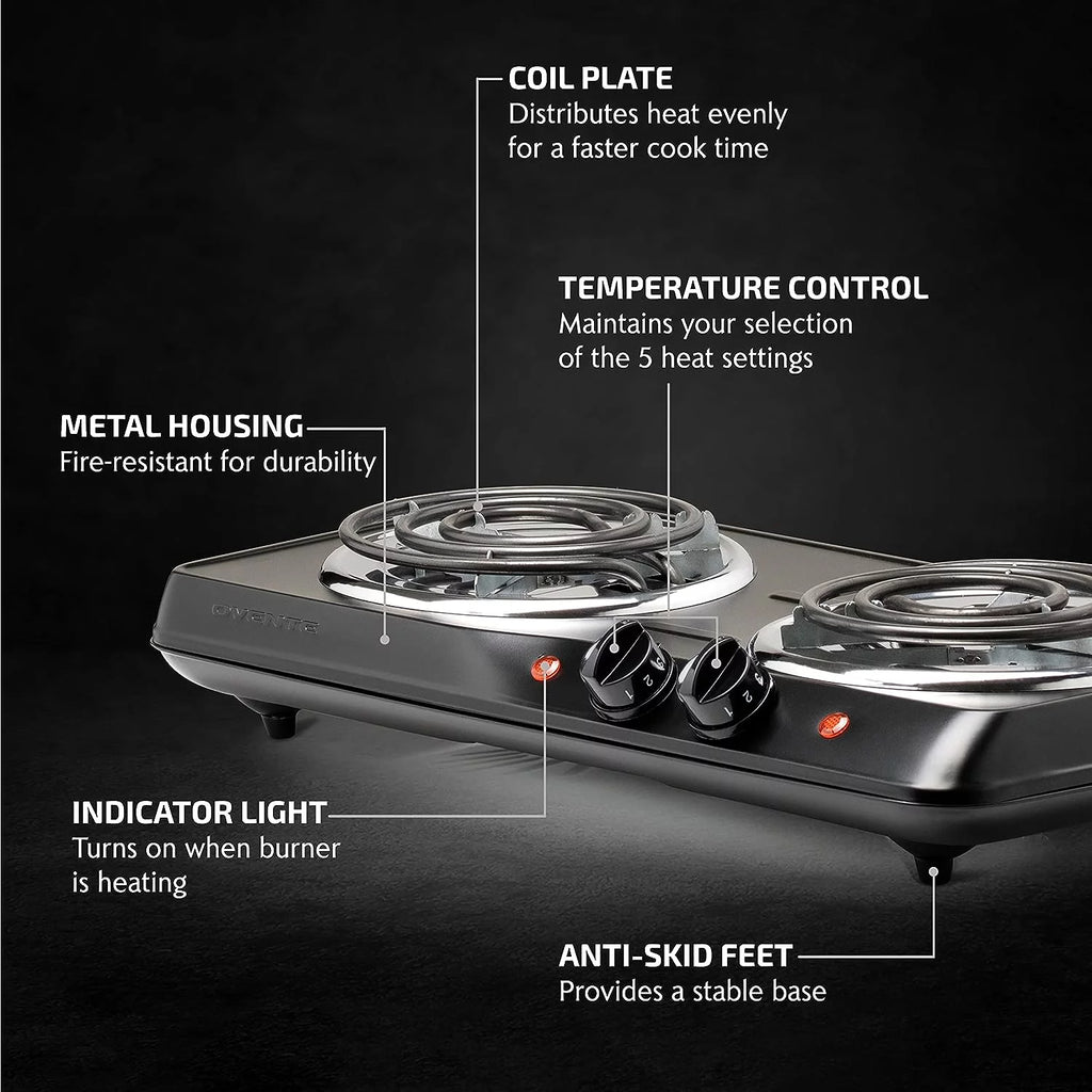 Electric Countertop Double Burner 1700W Stainless Steel Coil Black G323010