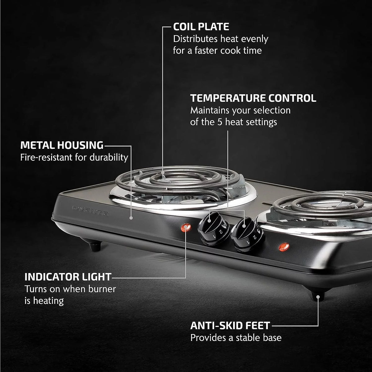 Electric Countertop Double Burner 1700W Stainless Steel Coil Black G323010