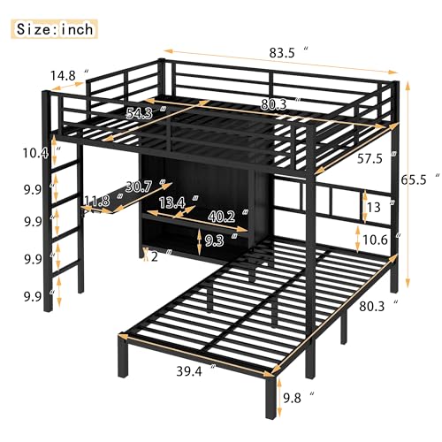 Metal Bunk Bed Full XL Over Twin L-Shaped Bunk Beds with Desk and Shelves T965517