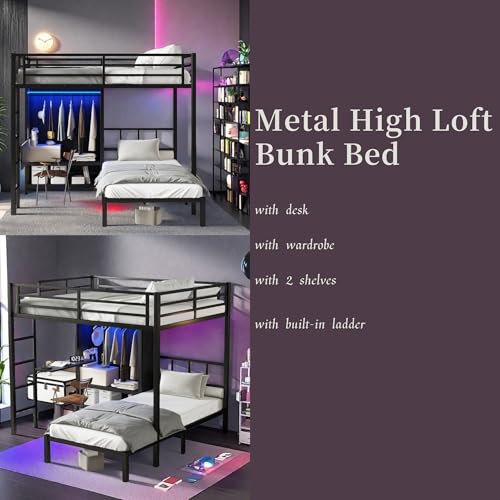 Metal Bunk Bed Full XL Over Twin L-Shaped Bunk Beds with Desk and Shelves T965517