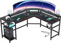 Black L Shaped Gaming Desk with Power Outlet & LED Stripe A64298