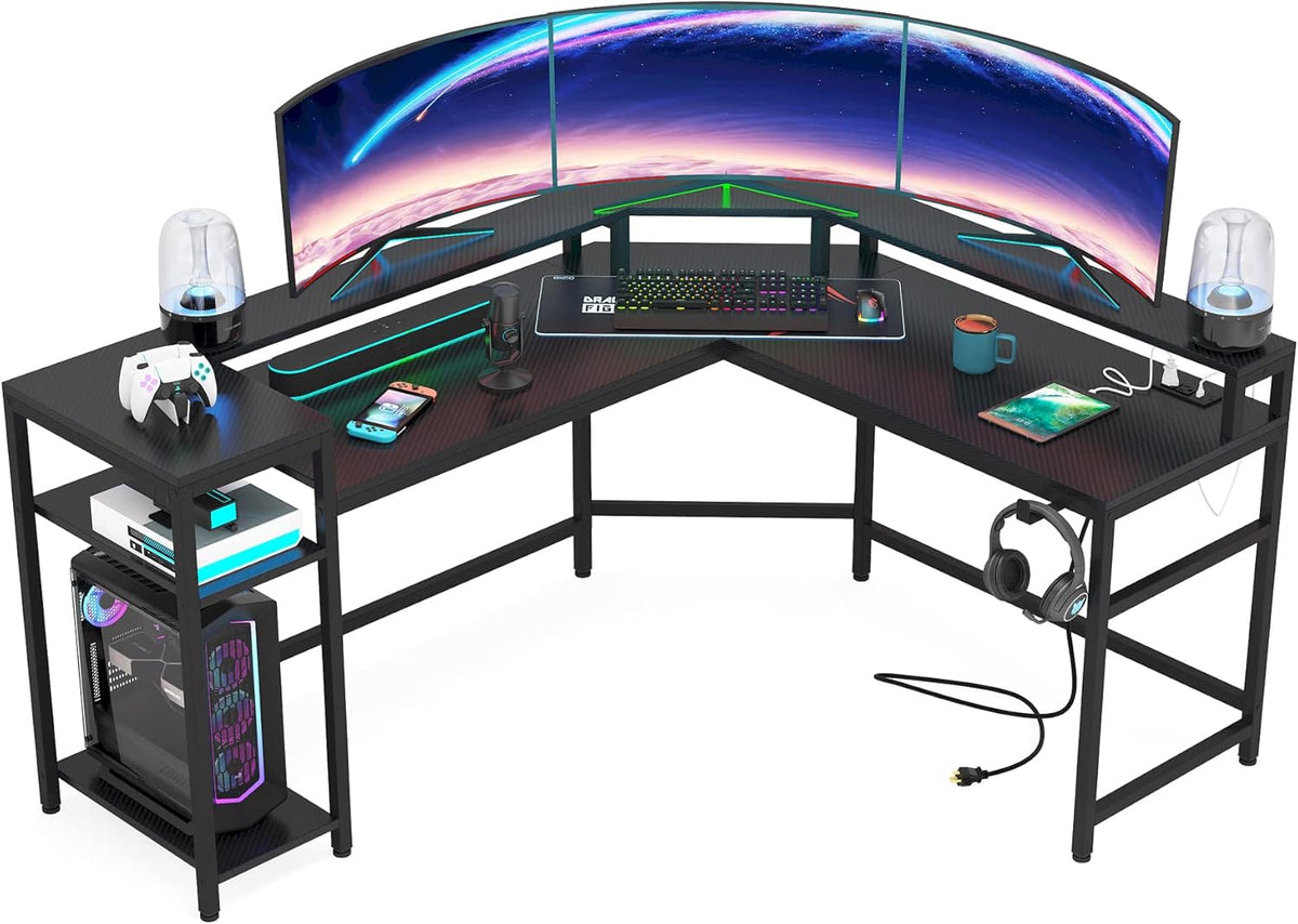 Black L Shaped Gaming Desk with Power Outlet & LED Stripe A64298