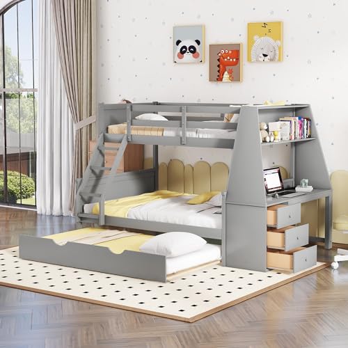 Twin Over Full Wooden Bunk Bed with Desk and Trundle G903253