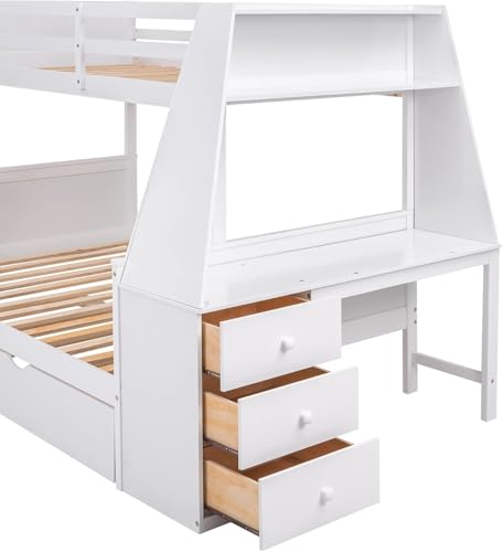 Twin Over Full Wooden Bunk Bed with Desk and Trundle G903253