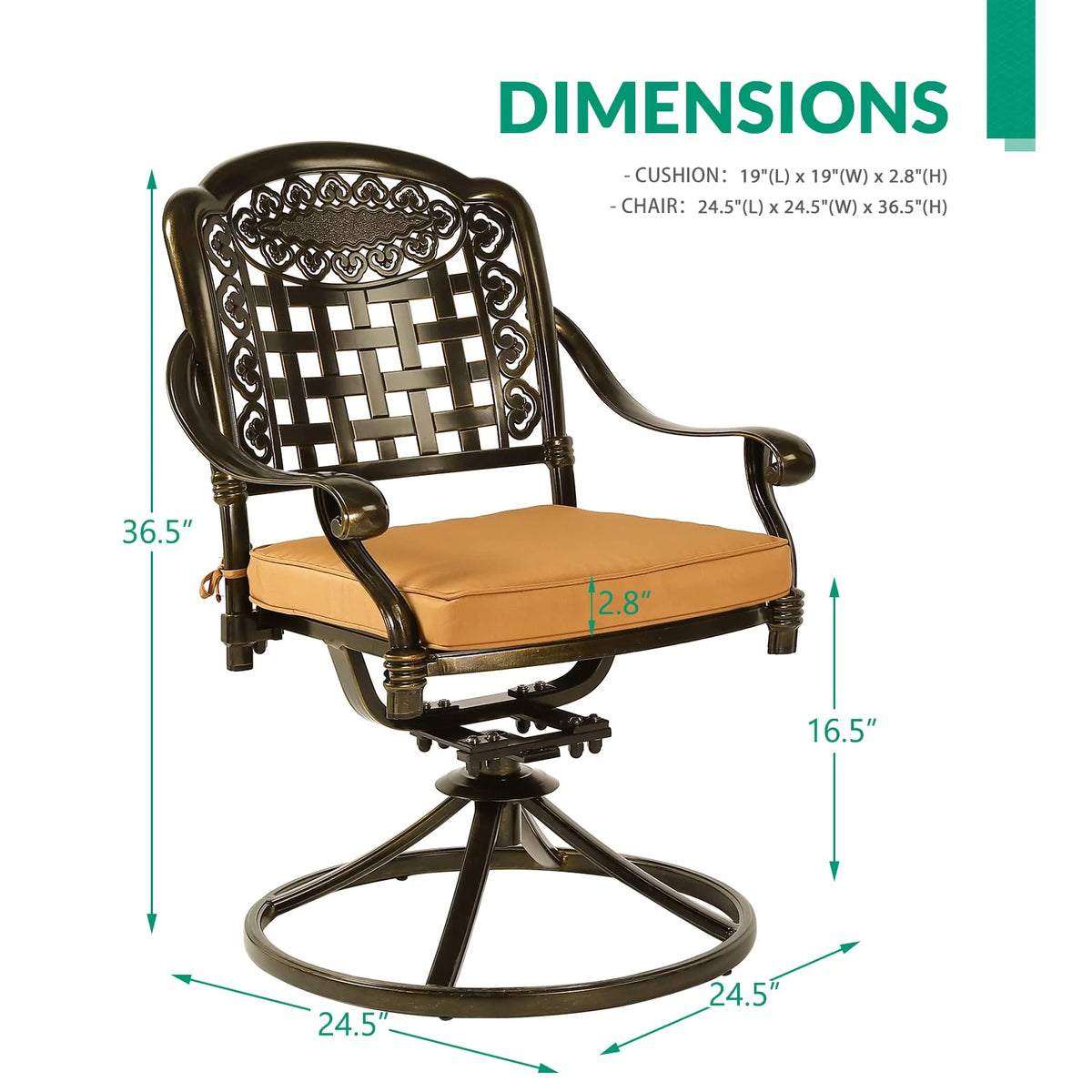 2-Piece Cast Aluminum Swivel Rocker Patio Dining Chairs with Cushion I818