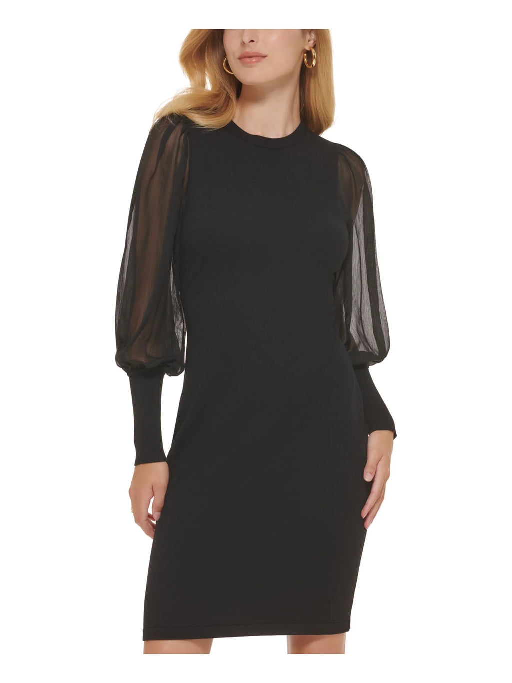 Black Ribbed Sheer Crew Neck Knee Length Sheath Dress Y843078