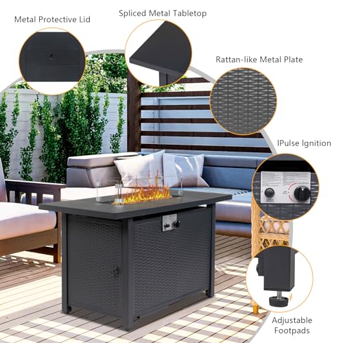 43 Inch Propane Fire Pit Table with Lid and Metal Tabletop, 50,000 BTU Gas Fire Pit Table with 6.6 Pounds Lava Stones M284656