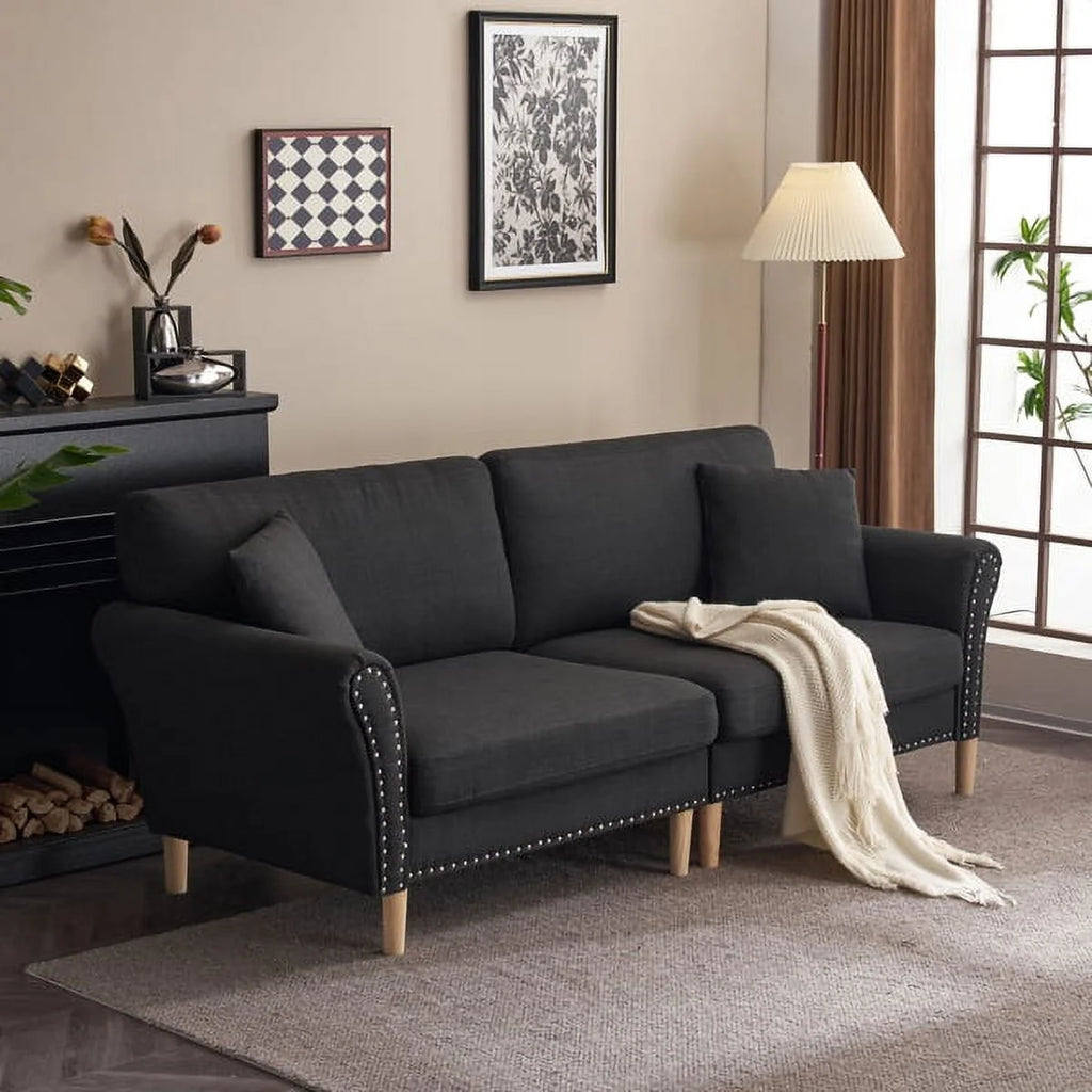 Black Upholstered 2-Seat Loveseat Sofa with 2 Pillows T133079
