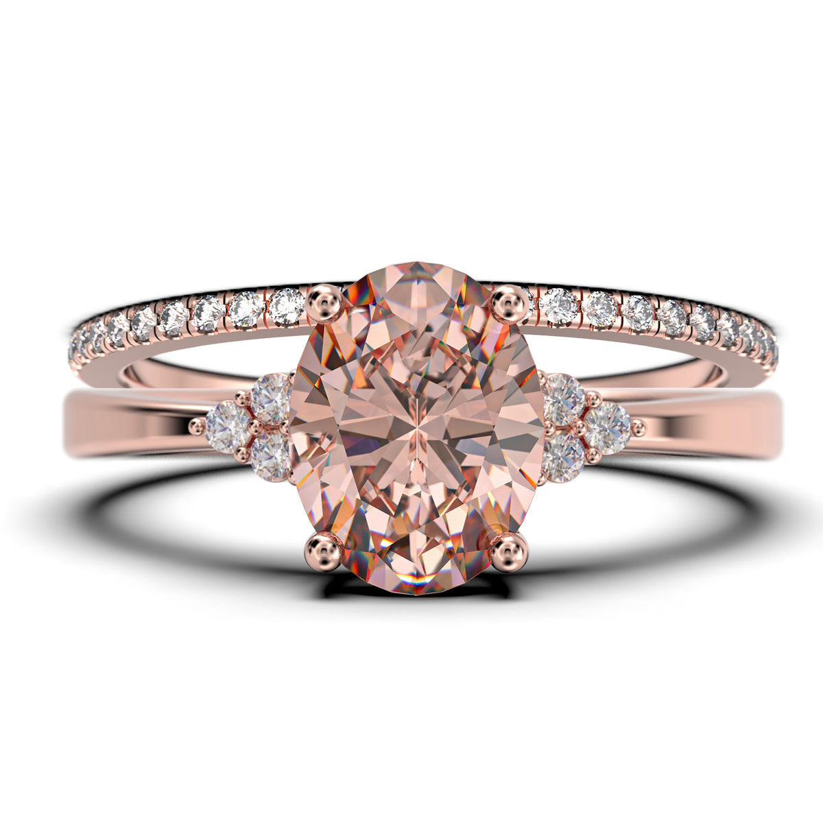 2.00 Carat Oval Cut Morganite And Diamond Moissanite Engagement Ring In Silver With 18K Rose Gold Plating N334