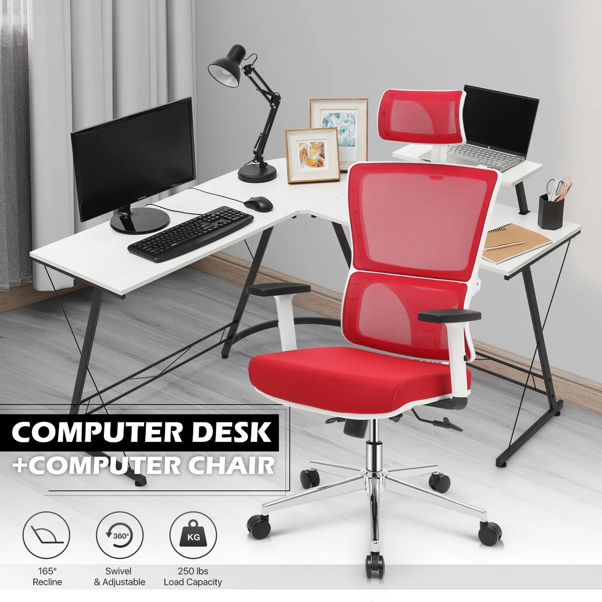 Computer Desk & Chair Set Adjustable Swivel Office Chair L Shaped Writing Table Workstation with Monitor Stand Red J702
