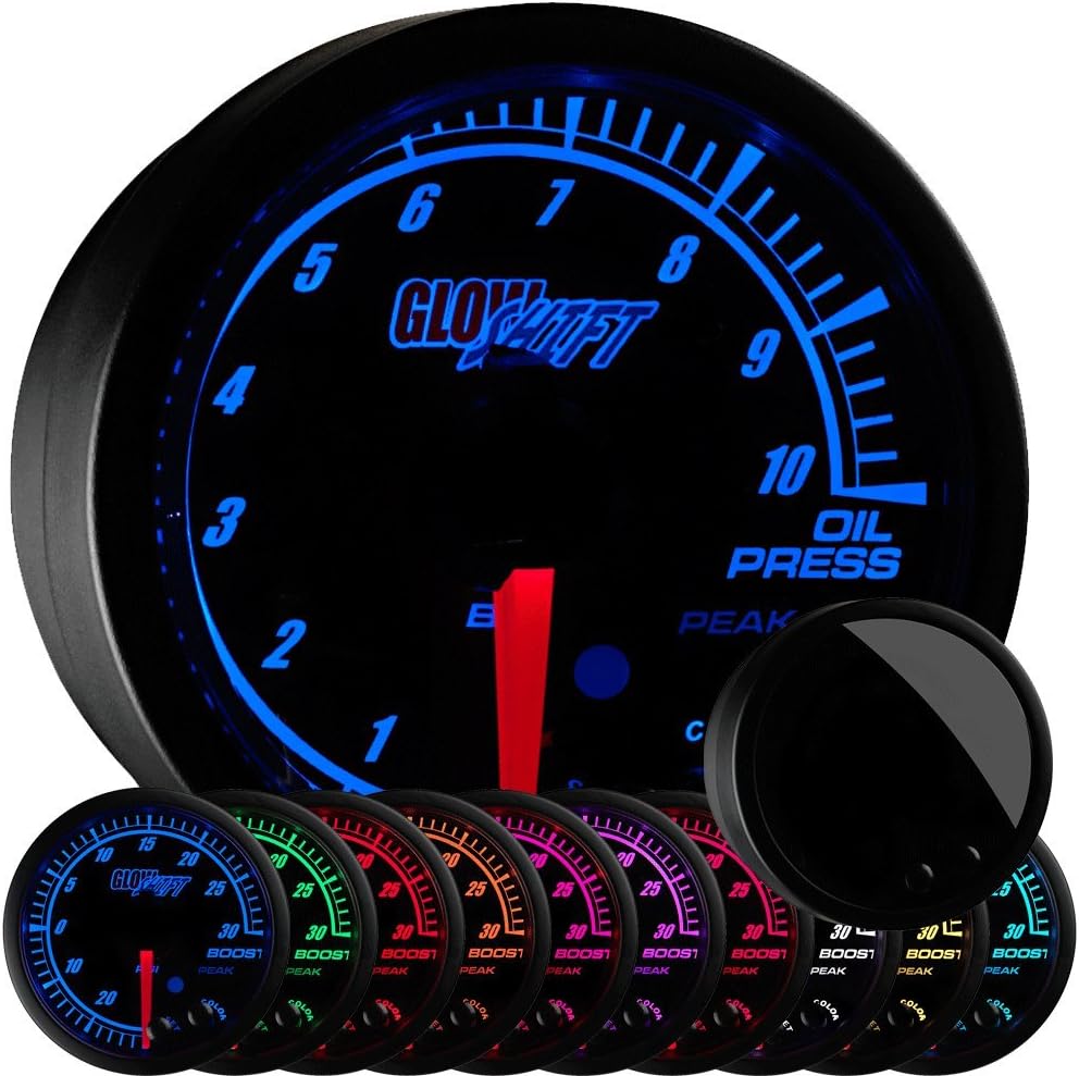 10 Color 10 BAR Oil Pressure Gauge Kit with Electronic Sensor, Black Dial, Tinted Lens, 52mm X27029