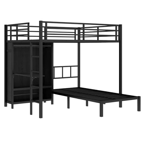 Metal Bunk Bed Full XL Over Twin L-Shaped Bunk Beds with Desk and Shelves T965517