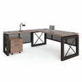 60"W x 32"D LShaped Desk with Pedestal Weathered Walnut Laminate Top/Black Accents V4066