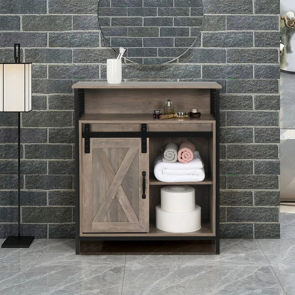 Gray Matte MDF Sliding Door Bathroom Cabinet with Two Drawers and Shelves U735225