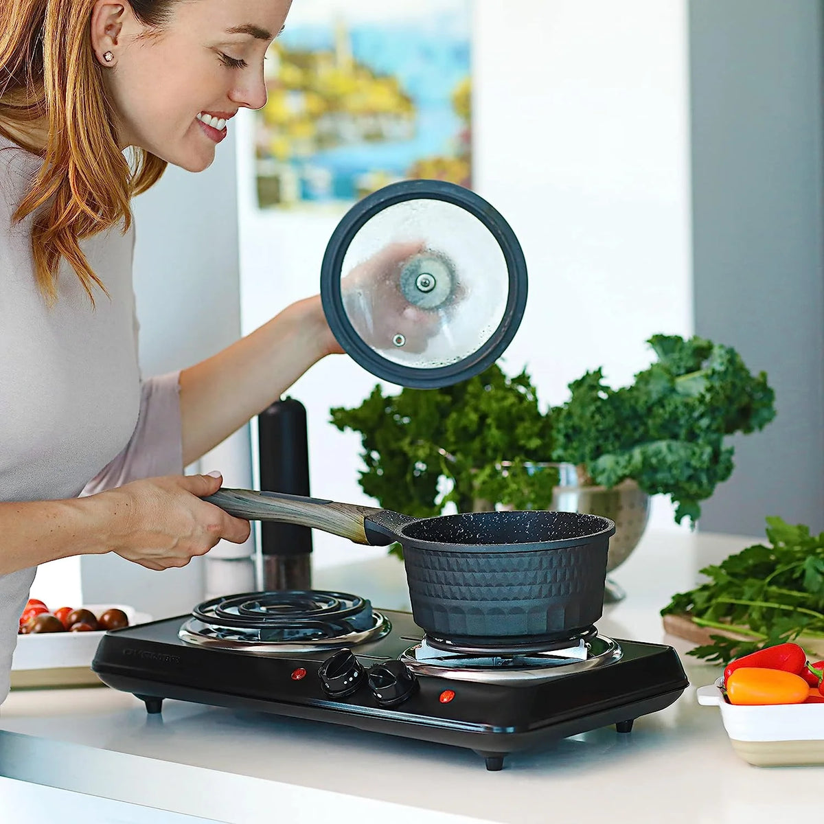 Electric Countertop Double Burner 1700W Stainless Steel Coil Black G323010