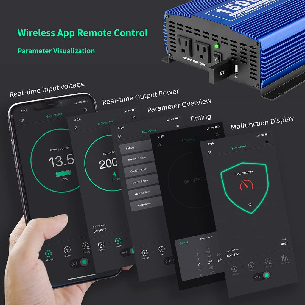 1500W Pure Sine Wave Power Inverter 12V DC to 110V AC with Bluetooth P908