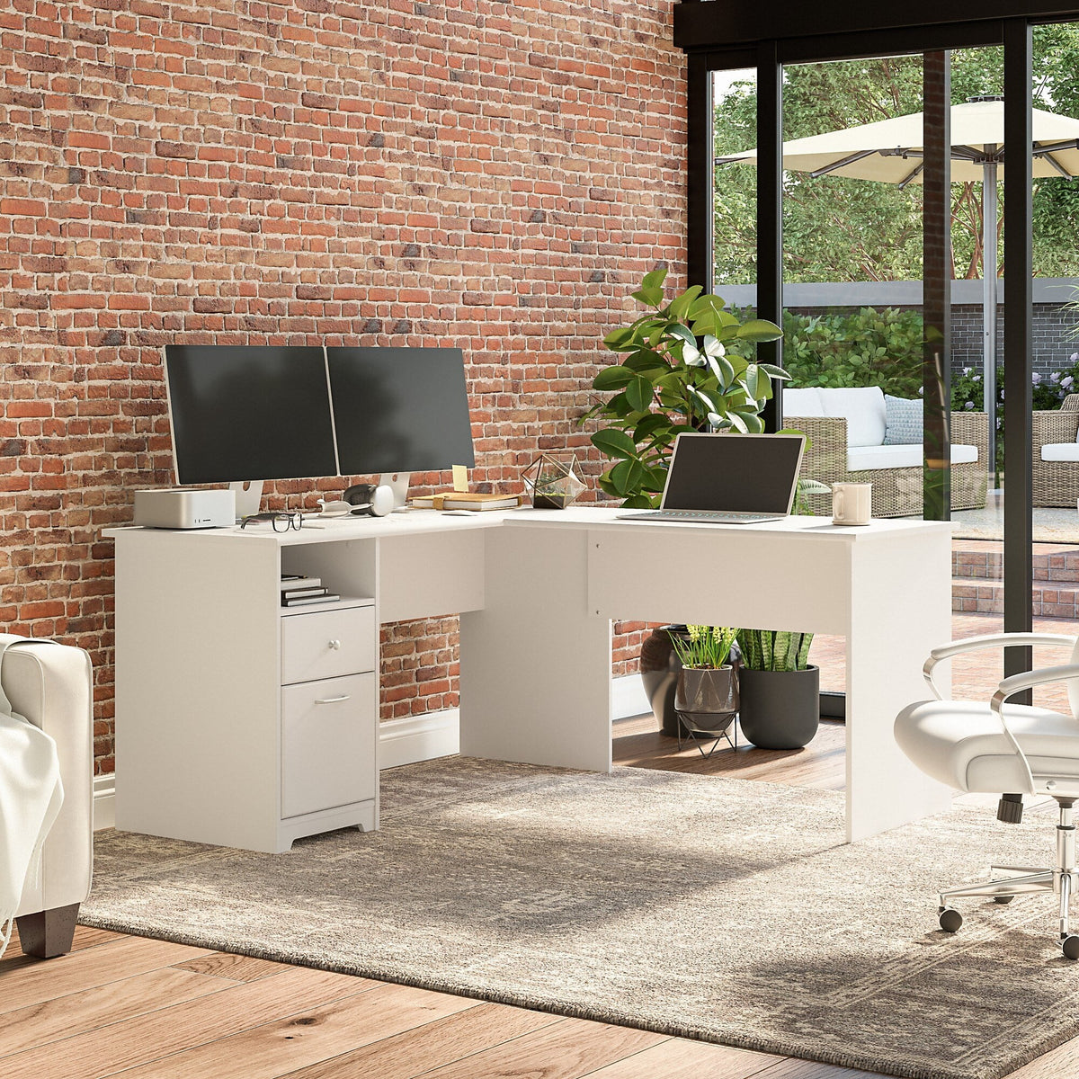 White L Shaped Desk with Drawers X491410