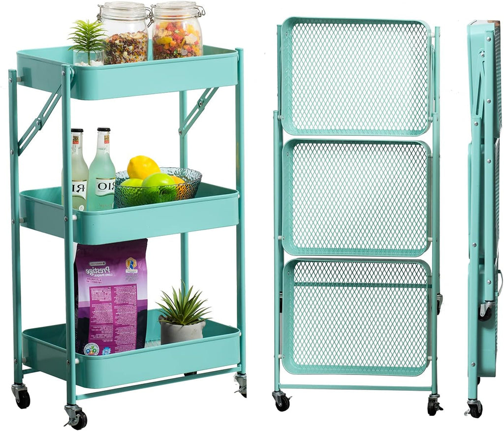 3 Tier Foldable Metal Rolling Cart with Wheels (Pink) S4930