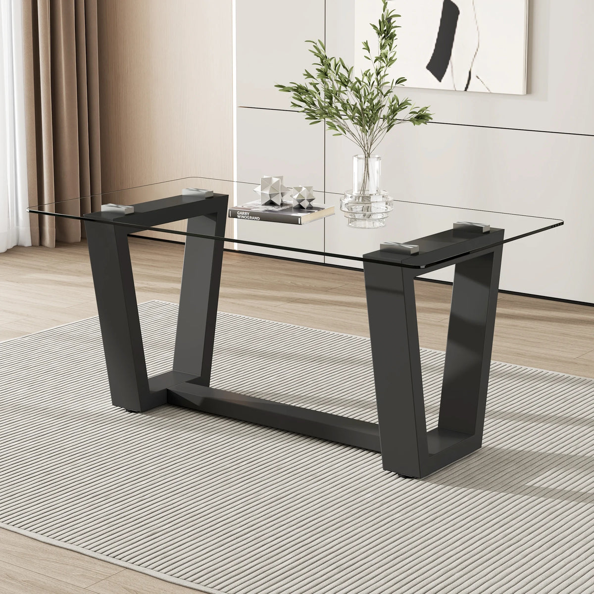 63" Rectangular Tempered Glass Dining Table with Black MDF Legs H8112