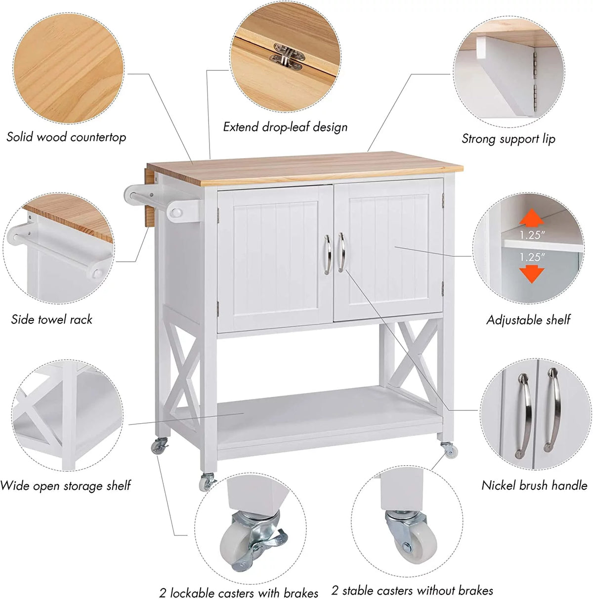 White Kitchen Island on Wheels with Storage Cabinet and Drop Leaf G3567