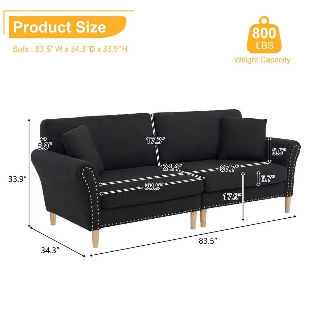 Black Upholstered 2-Seat Loveseat Sofa with 2 Pillows T133079