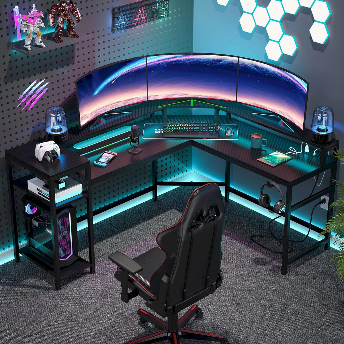 Black L Shaped Gaming Desk with Power Outlet & LED Stripe A64298