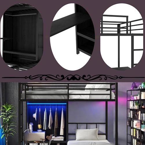 Metal Bunk Bed Full XL Over Twin L-Shaped Bunk Beds with Desk and Shelves T965517