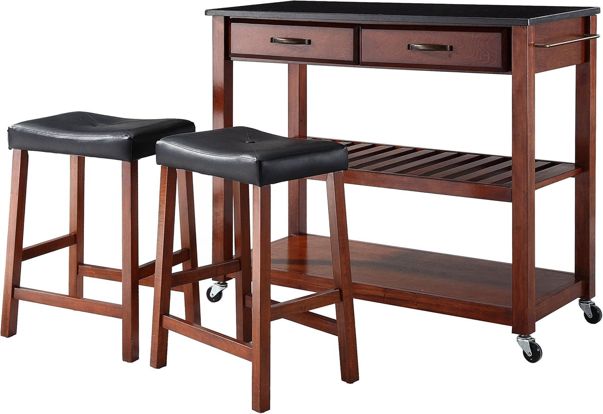 Full Size Kitchen Prep Cart with Solid Black Granite Top P54182