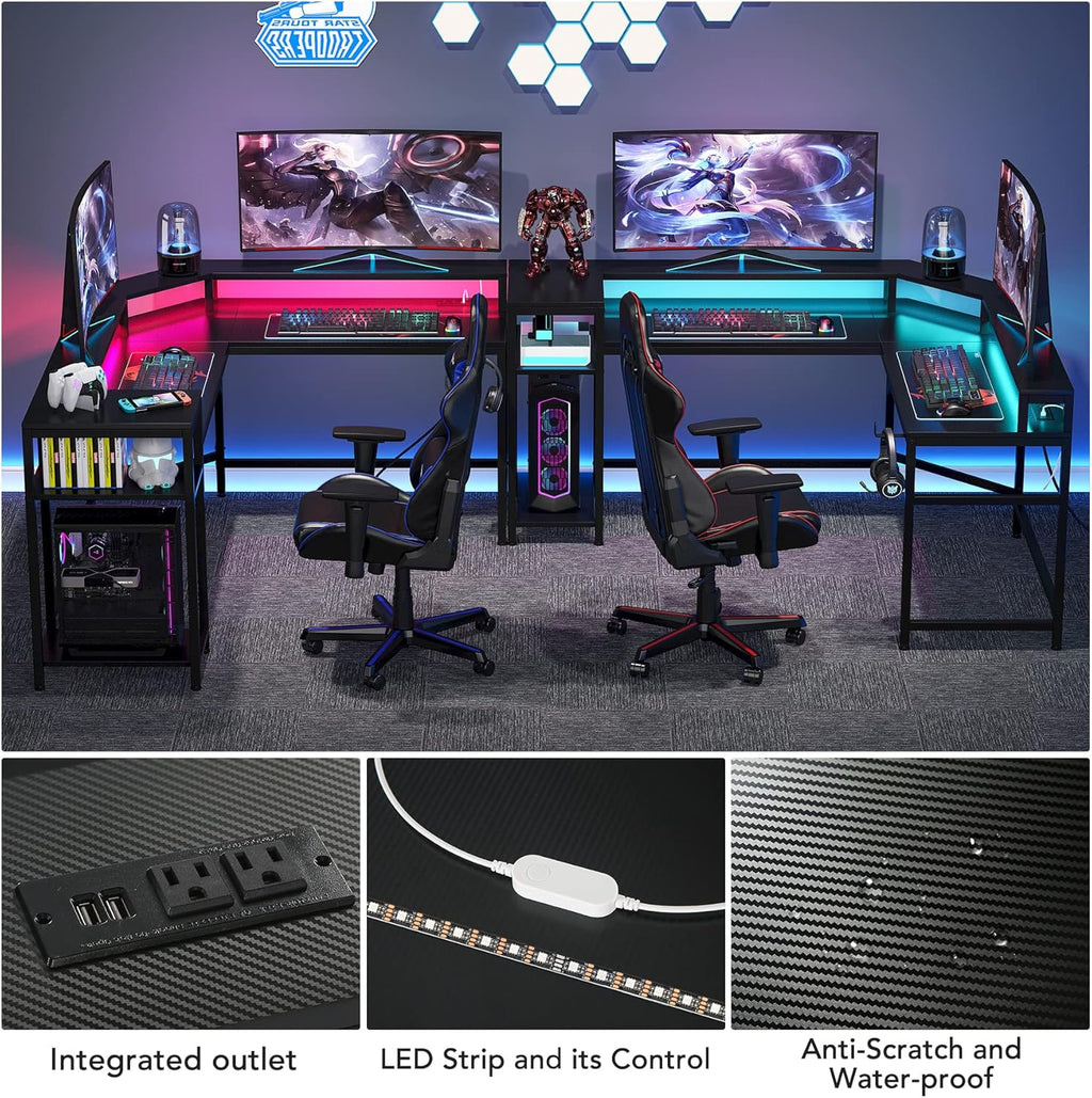 Black L Shaped Gaming Desk with Power Outlet & LED Stripe A64298
