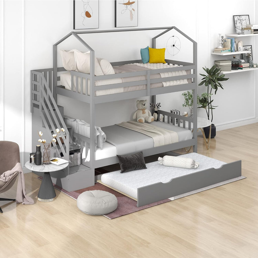 Solid Wood Twin-Over-Twin Bunk Bed with 3 Storage Drawers and Staircase (Grey) K708