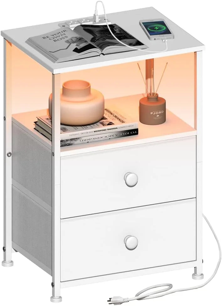 White Sofa End Table with Fabric Drawers and USB Ports I674661