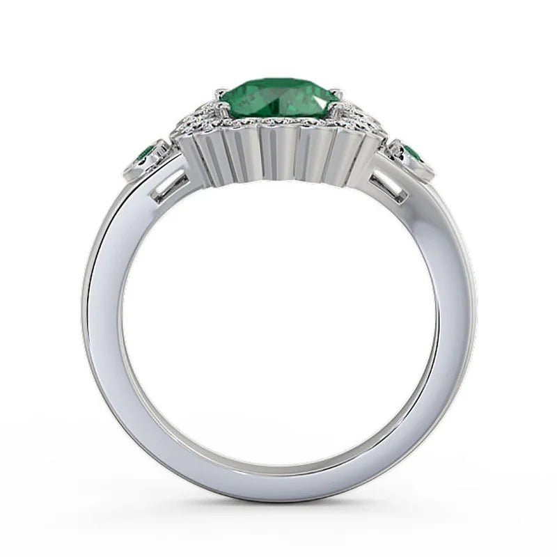 14K White Gold Floral Halo Round Cut Emerald Real Diamond Ring Size 7.5 P330