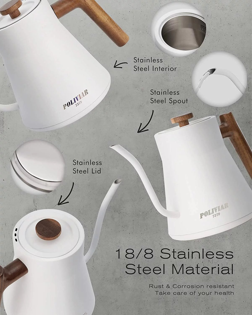 Electric Gooseneck Kettle 1200W 34oz 18/8 Stainless Steel Inner Temperature Control W778875