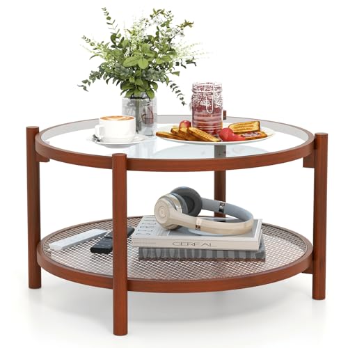 Rattan Round Glass Coffee Table with Storage Shelf X477709
