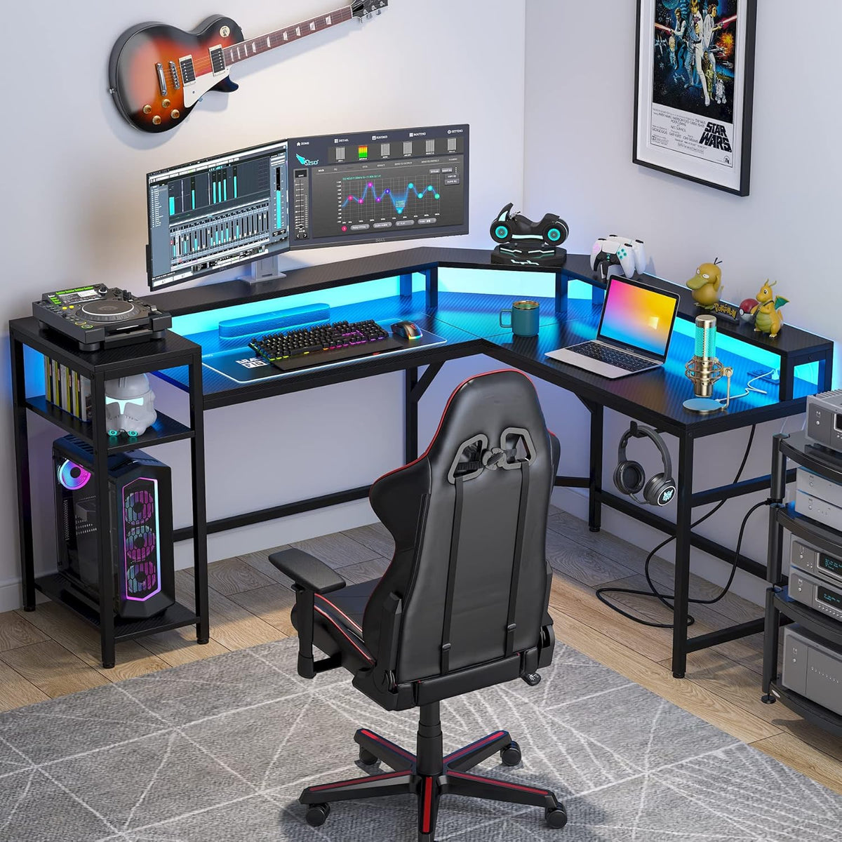 Black L Shaped Gaming Desk with Power Outlet & LED Stripe A64298